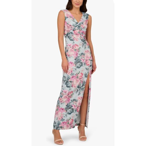 Adrianna Papell Blue Metallic Floral Evening Gown Formal Dress Women’s Size 6 - Picture 12 of 14